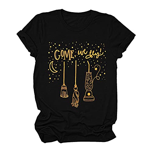 Camiseta de Halloween para Mujer, Camiseta Divertida de Bruja, Camiseta Come We Fly, Camiseta Estampada con Letras, túnica de Manga Corta, Blusa B11 Negro M Cover