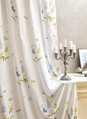 Image of Tranquebar Curtain Co. Sheer Curtains 7 Feet Long Set of 2, Linen Textured Sheer Fabric, 20-30% Light Filtering, Blue Floral Print, White Sheer Curtains 7 Feet, BackTabs, Titli (213 cm) - Set of 2