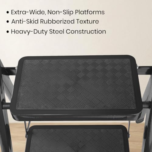 Image of Casa Copenhagen Black 3 Step Ladder for Home Use with Built-in Tool Tray | Heavy Duty D Shape Rods |Large Platform | Wide Rubber Feet | 150Kg Capacity Foldable Ladder - 7 Years Warranty
