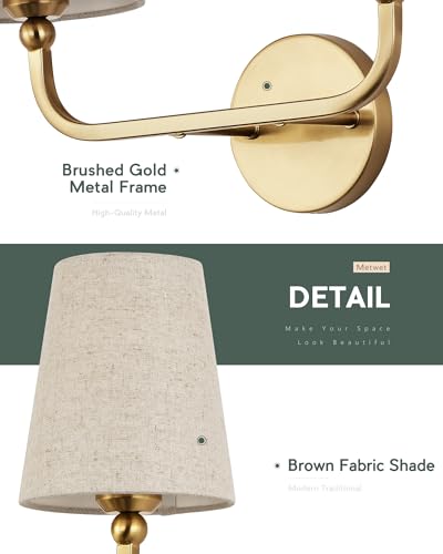 Image of 2-Light Bathroom Light Fixtures, Brushed Gold Vanity Lights, Double Wall Sconce with Brown Fabric Shade, Modern Sconces Wall Lighting for Hallway Bedroom Stairway, VL837-BG-L-2