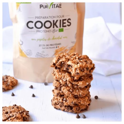 Cookies Bio Protéinés 375g | 27% de protéines | Moelleux | Allégés en sucre | Idéal pour encas ou régime | Ingrédients Bio | sans conservateurs | sans sucres ajoutés | sans lactose | Pur Vitaé