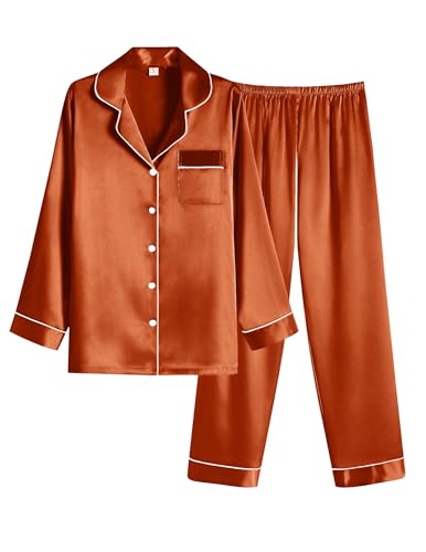 Ekouaer Women Satin Pajamas Set Classic Button Down Long Pjs Set
