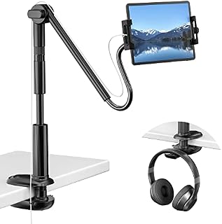 Gooseneck Tablet Stand for Bed, 360 Adjustable Phone & iPad Holder for Desk, Flexible Arm Mount Clip for Video Recording, Bedside & Headboard Clamp for iPad Pro 12.9, Air, Mini, Kindle (4.7-12.9")
