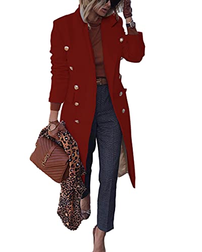 Bzb Women's Elegant Notched Collar Double Button Slim Long Wool Blend Pea Coat Jacket #TOP2