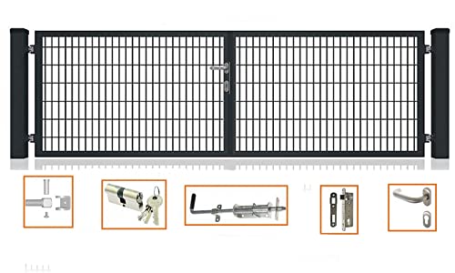 Doppelflügeltor Premium für Doppelsabmattenzaun Anthrazit 8/6/8 inkl Schloss Schlüssel Pfosten Breite: 5000 mm Höhe : Höhe 1200 mm