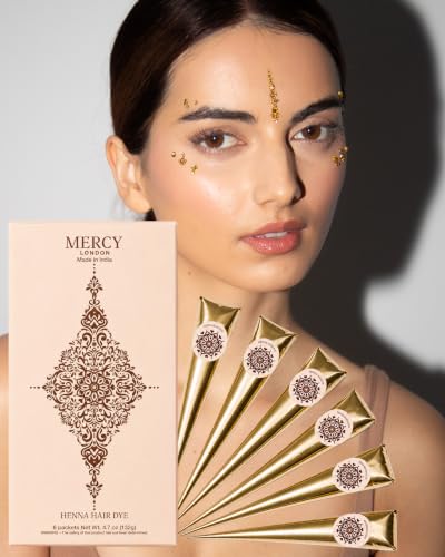 Henna Cones by MERCY LONDON 6 Ready to Use Mehndi Cones Made from 100% Natural Henna Leaves Ammonia Free Pre Mixed Indian Mehandi Long Lasting Natural Looking Hair Colour