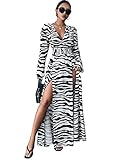 WDIRARA Women's Zebra Striped Print Deep V Neck Wrap Long Sleeve Split Thigh Long Maxi Dress Black and White L