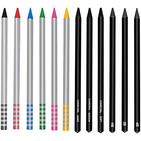 STAPENS Woodless Pencil Set, 6 Pcs Woodless Colored Pencils, 3 Pcs Woodless Charcoal Pencils and 3Pcs Woodless Graphite Pencils (12 Pcs) Cover