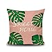 Lieson Housse de Coussin Decoratif 50x50, Housse Oreiller Decoratif Rose Vert Coussin Decoration Exterieur Feuilles de Bananier Sweet Home, Lin