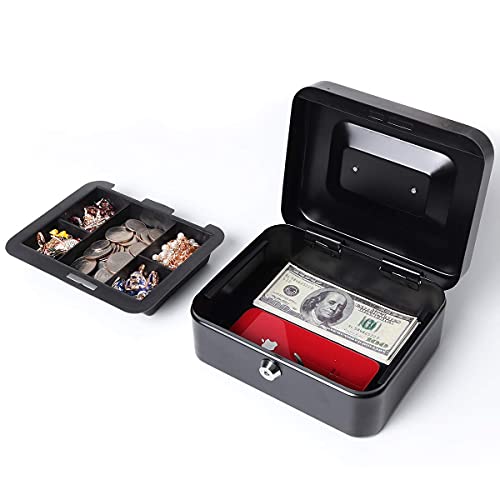 Small Cash Box With Money Tray And Lock, Lovndi Metal Money Box For Cash, Lockbox 7.87X 6.30X 3.54 Inches, Black #TOP2