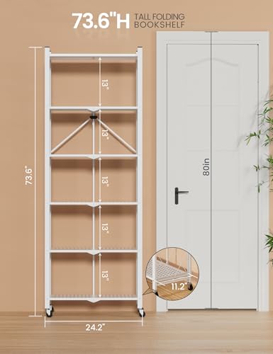Image of ALANNG 73.6 Inch Folding Bookshelf, 6 Tier Metal Bookcase and Bookshelves | Tall Shelves for Living Room Office Bedroom, Heavy Duty Book Shelve Free Standing Open (White, 4PACK)