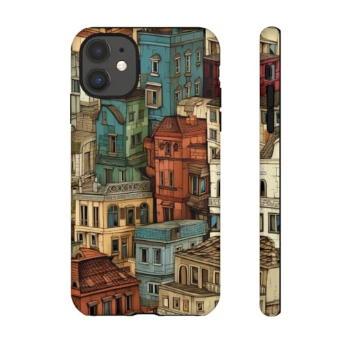 Coque rigide iPhone 11 motif bâtiment urbain coloré marron