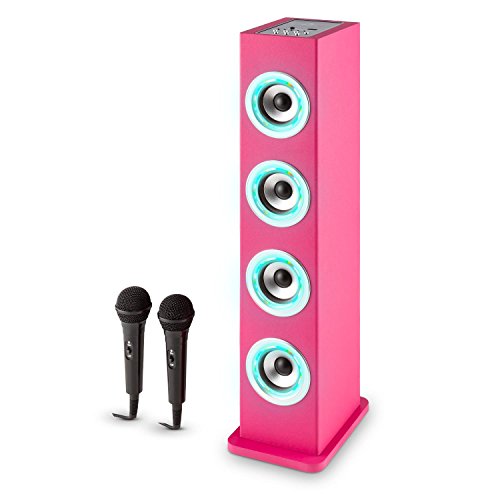 auna Karaboom PK LED Juego de Karaoke para niños - Torre Audio de Banda Ancha , Bluetooth , USB , AUX , Reproductor MP3 , Potenciador Bajos , Radio VHF , Rosa