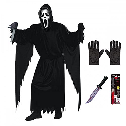 A2ZFD Adult Mens Official Scream Ghost Face Costume + Black Gloves + Bloody Blade : Halloween Fancy Dress 2877WC CS1