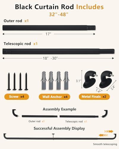 ASULUPHY Blackout Curtain Rod 32-48 In, Wrap Around Window Curtain Rods, 1 Inch Diameter Adjustable Door Curtain Rod, Long Curtain Rod with Brackets, Heavy Duty Drapery Rod for Bedroom - 4