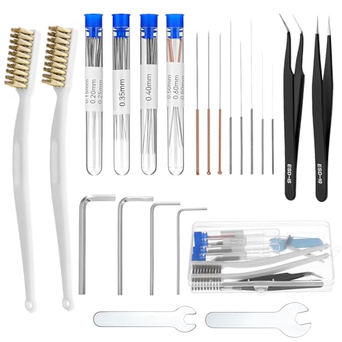 QWORK® 48-tlg. 3D Drucker Düsenreinigungsnadeln Set, 0.15-0.8mm Düsennadeln, Drahtbürste aus Messing, Schraubenschlüssel, Pinzette