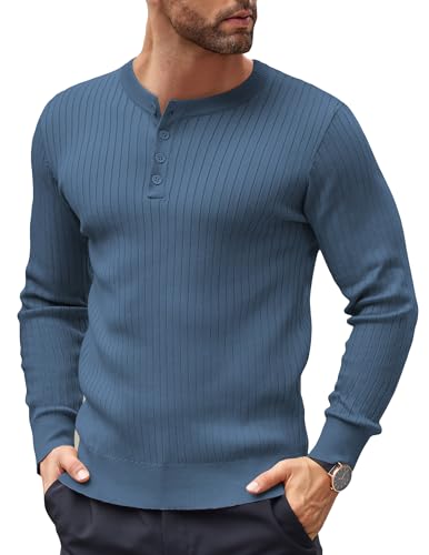 COOFANDY Herren Pullover Henley Shirt Strickpullover mit Knopfleiste Männer Langarmshirt Pulli Slim Fit Dunkelblau XL