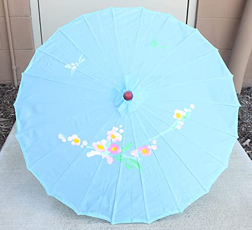 Usamjtable 32" Inch Diameter Light Blue Floral Wood Bamboo Paper Umbrella Parasol Backyard Wedding Business Party Decoration Gift #TOP2