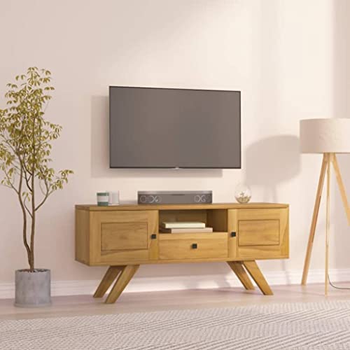 GeenYuu Meuble TV en Bois de Teck Massif 110x30x50 cm avec tiroir, Porte, étagère Ouverte, Rangement pour Salon séjour Multimedia, Support Console Audio...