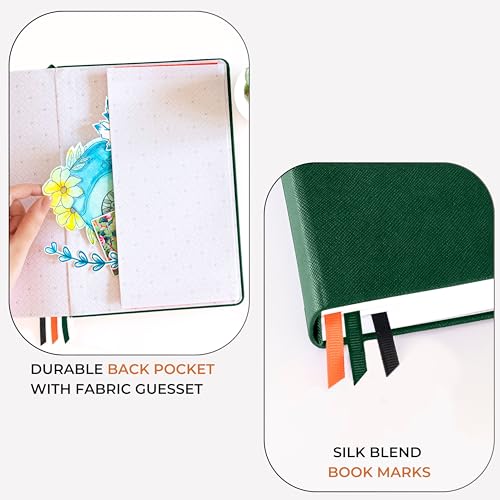 Image of NEORAH -A5 DOTTED | 368 Pages - 110 Gsm | PAGE A DAY JOURNAL (21x14.8 cm)-Hardcover Dot Grid Notebook |Back Pocket |3 Silk Book Mark - Completely HANDMADE for Journaling,writing - DARK GREEN
