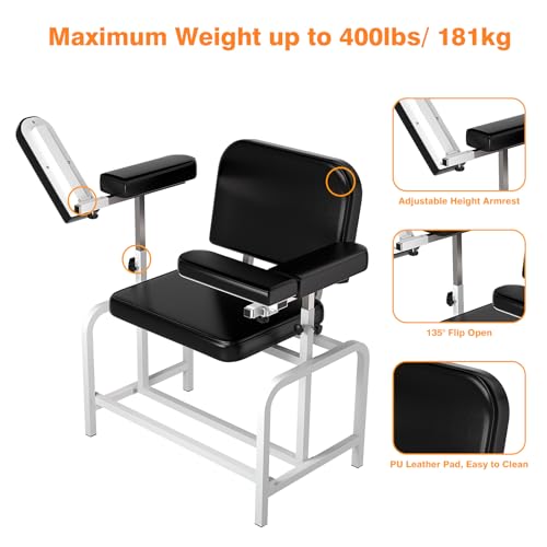 Image of Blood Drawing Phlebotomy Chair with Adjustable Armrest - Extra Large Comfortable Padded Medical Chairs for Hospital Clinic Lab Medical Facilities (Black)
