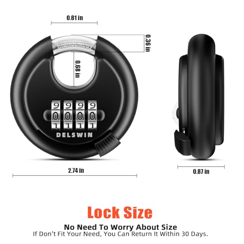 Image of DELSWIN 4-Digit Disc Combination Lock Outdoor - Heavy Duty Combination Padlocks with Hardened Steel Shackle Weatherproof Combo Locks for Gates,Sheds,Fence,Storage Unit (3 /8 inch Shackle, Black and Silver)