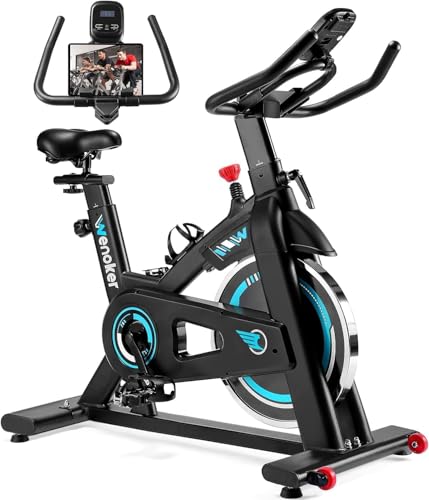 Wenoker Stationary Exercise Bike for Home, Belt-Drive Quiet Spin Bike, 300lbs Capacity, Heavy Flywheel, LCD Monitor&Tablet Holder, Adjustable Seat & Handlebars, Comfortable Cushion, Transport Wheels