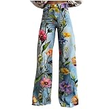 Sinzelimin Women's Wide Leg Pants Fashion Boho Style Faux Denim Print Button Zipper Closure Casual Pocket Palazzo Sweatpant Multicolor XX-Large