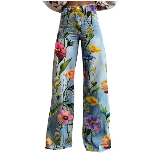 Sinzelimin Women's Wide Leg Pants Fashion Boho Style Faux Denim Print Button Zipper Closure Casual Pocket Palazzo Sweatpant Multicolor XX-Large