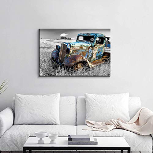 Artistic Path Rusty Truck Canvas Wall Art: Vintage Blue Car Pictures Country Artwork Prints For Living Room (36" W X 24" H,Multi-Sized) #TOP4