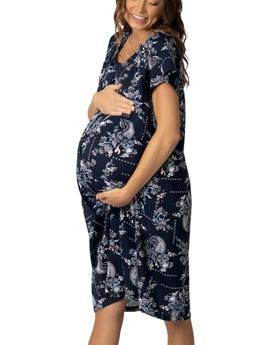 Image of Kindred Bravely Universal Labor and Delivery Gown for Hospital | 3 in 1 Labor & Delivery, Postpartum Nursing Pajamas, Hospital Gowns for Women (Navy Paisley, 1X-2X)