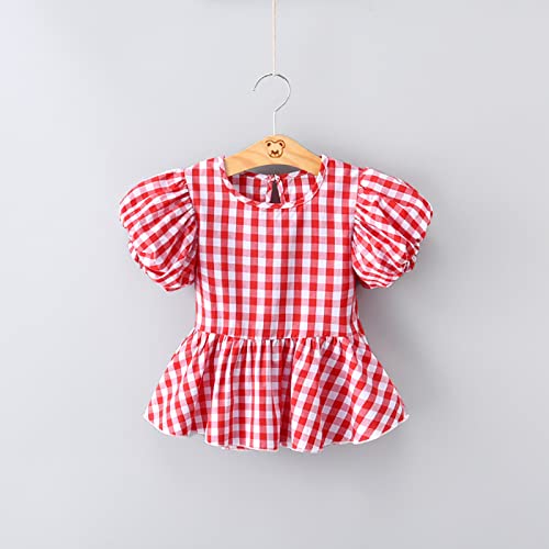 Toddler Baby Girls Plaid Blouse Pleated Crew Neck Short Sleeve Shirts Infant Smocked Peplum Summer Tops Casual Clothes3