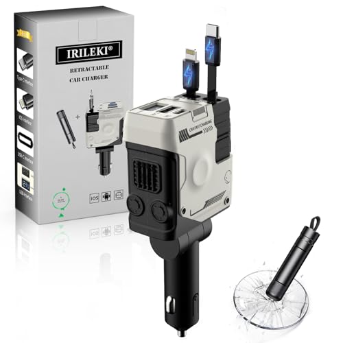 IRILEKI Cargador Coche Carga Rápida, 4 en 1 Cargador Mechero Coche USB+Retráctil Cable, Cargador Coche USB C Adaptador Compatible con iPhone 16/Galaxy/Google, con Martillo Emergencia Coche