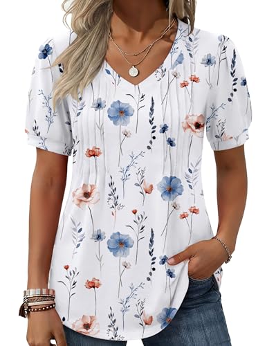 Zeagoo Women's Puff Short Sleeve T Shirts Pleated Floral Print V Neck Dressy Casual Summer Tunic Blouses