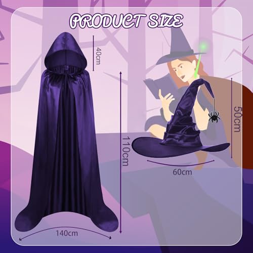 LAMEK Hexen Umhang mit Kapuze 110cm Lange Halloween Kostüm mit Hexenhüt Lila Hexenkostüm Mystischer Kapuzenumhang für Herren Damen Halloween Cosplay Karneval Maskerade