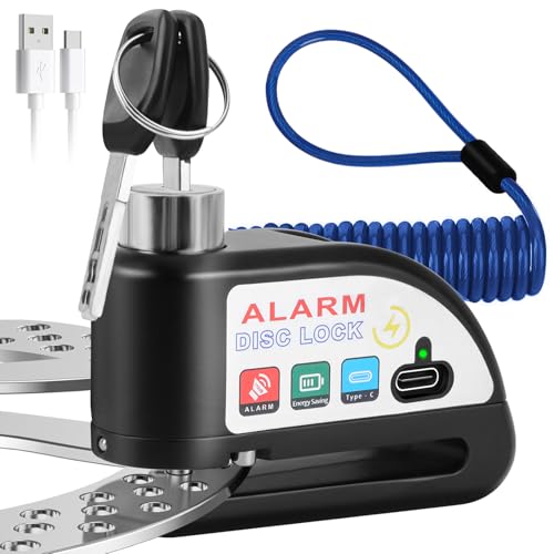 Bremsscheibenschloss Motorradschloss mit Alarm 110dB, USB Wiederaufladbar Motorrad Schloss mit 1.5m Erinnerungskabel, Universal ø7 mm Diebstahlsicherung Bremsschloss für Motorrad Fahrrad und Roller