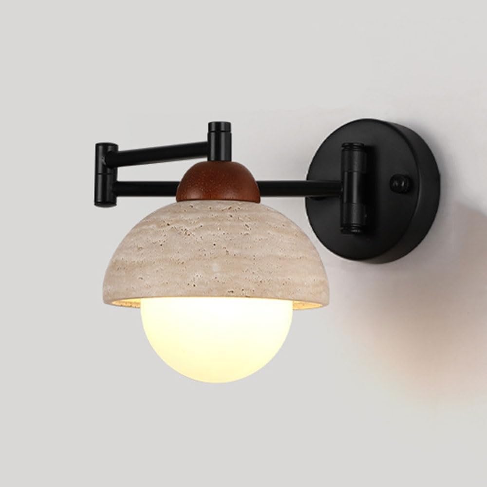 Cosrub Globe(3000K) Nordic Yellow Travertine Wall Sconce, Swing Arm Wall Mounted Light Modern Farmhouse Adjustable Stone Wall Lamp For Bedside Study Reading Nook Workshop(Globe(3000K))