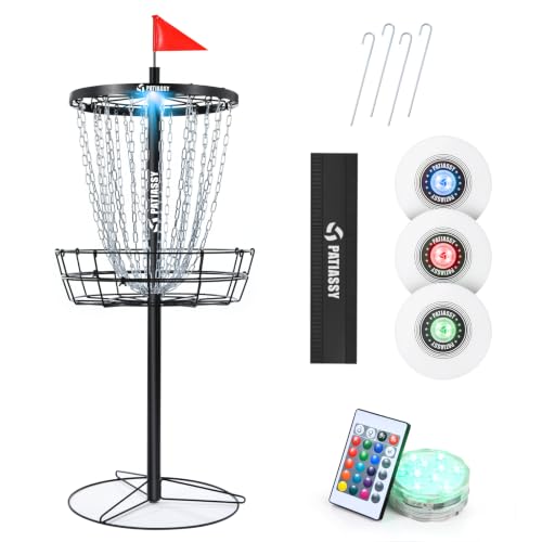 Patiassy Portable Disc Golf Basket, 24/12 Detachable Chains Disk Golf Target with Sound Reducer for Quiet Practice, Night Practice Set with Remote LED Light, 3 Light Up Discs & 4 Ground Stakes