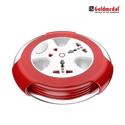Image of Goldmedal Krysta 2 Pin Extension Cord (White and Red) - Pack of 1, Master Switch with Indicator, Heavy-Duty 5-meter Cable, International Sockets & 2-Pin Socket, Ultra-Smooth Rotation for Home & Office