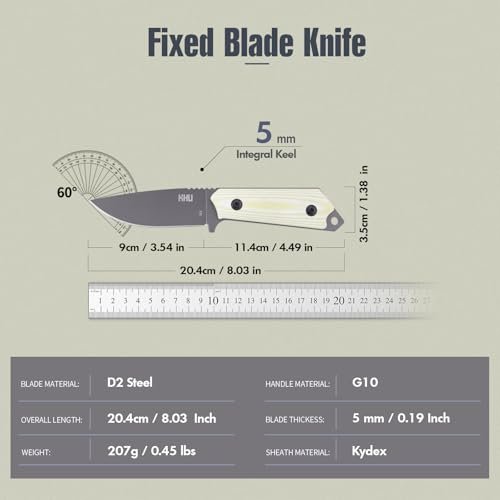 KHU Couteau à lame fixe Couteau de survie bushcraft - Acier D2 G10 poignée, Outdoor Camping Accessoires - Avec étui Kydex - 29A – vue 2