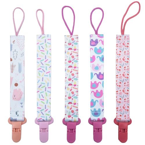 Aieino 5pcs Dummy Clips - Pacifier Holders Soother Clip Set Cartoon Pattern Leashes Chains Dummy Strap for Baby Pacifiers Teething Toys Baby Shower Newborn Essentials(Girl)