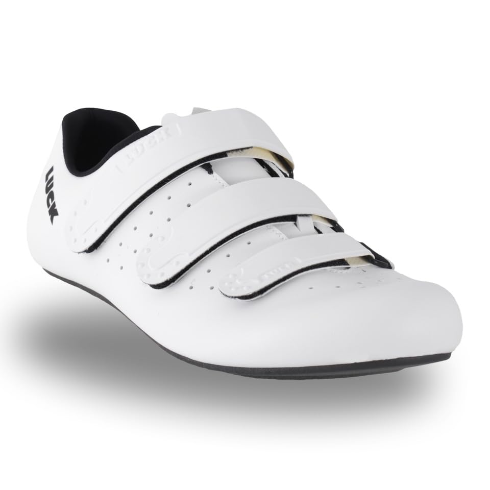 LUCK MAX Zapatillas de Ciclismo de Carretera para Hombre y Mujer. Triple Tira para un Ajuste Optimo. (Blanco, Numeric_46)