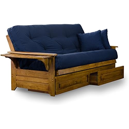Nirvana Futons Brentwood Tray Arm Futon Frame, Drawers, and Navy Blue Mattress Set - Queen, Rich Heritage Finish