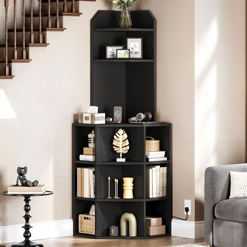 GOOBED Corner Shelf Cabinet, Industrial Corner Storage Rack with Charging Station, Wooden Display Bookshelf Bookcase for Living Room, Bedroom, Dining Room, Kitchen, Black