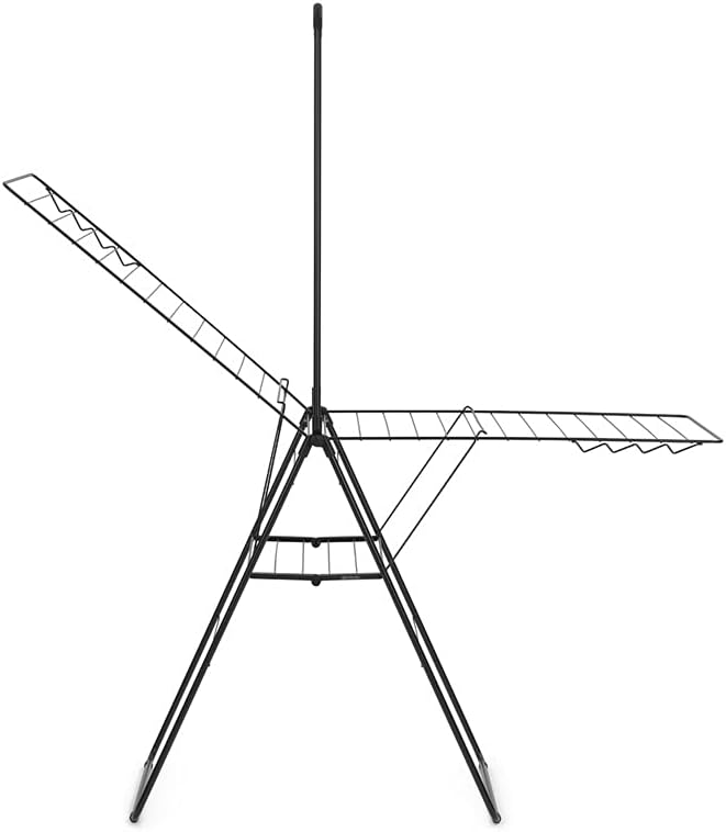 Brabantia HangOn Clothes Drying Rack with Garment Rail | 82ft (25m) | Matt Black | Large Indoor Clothes Airer Laundry Stand with 2 Fold-Out Wings & Hanger Hooks, Folds Flat | Fits 3 Full Loads
