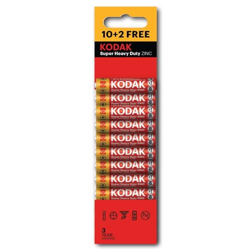 KODAK Super Heavy Duty 12-Pack AAA Batteries Triple A Battery Pack Carbon Zinc 1.5V 3-Year Shelf Life Disposable Household Batteries for Low-Drain Devices R03 Blister Packed (10+2 Count)
