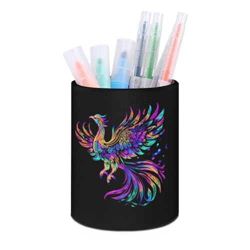 Image of Iridescent Phoenix Leather Pen Brush Holder Pencil Pots Desktop Storage Drawer Makeup Organizer for Office Desk Supplies