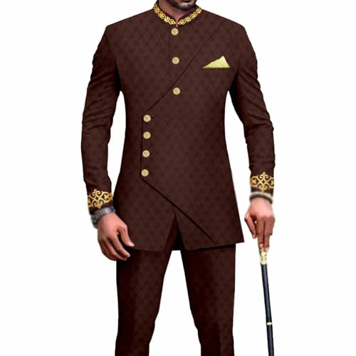 Image of Ourmoon Dashiki Suit Set for Men Traditional African Shirt and Trousers Outfit Formal Suit Fashion Tracksuit Ethnic Suit(Brown,Large)