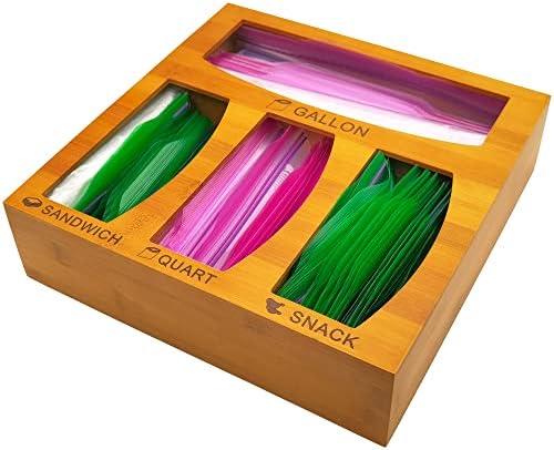 Prolee Ziplock Bag Organizer Bamboo for 4 Size Bags, Gallon, Quart, Sandwich & Snack, Food Storage Bag Organizer
