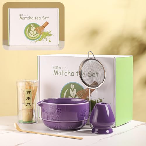 Traditional Matcha Tea Set with Bamboo Whisk, Purple Ceramic Bowl and Stand, 3-Piece Japanese Style (Purple;)